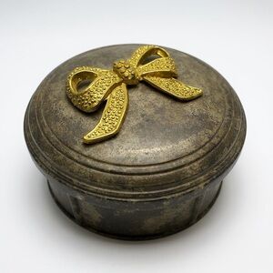 Vintage Silver Trinket Box with Gold Ribbon Decor
